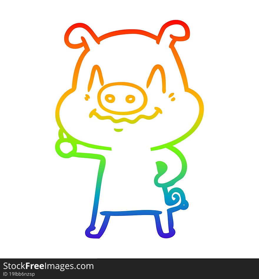 rainbow gradient line drawing of a nervous cartoon pig