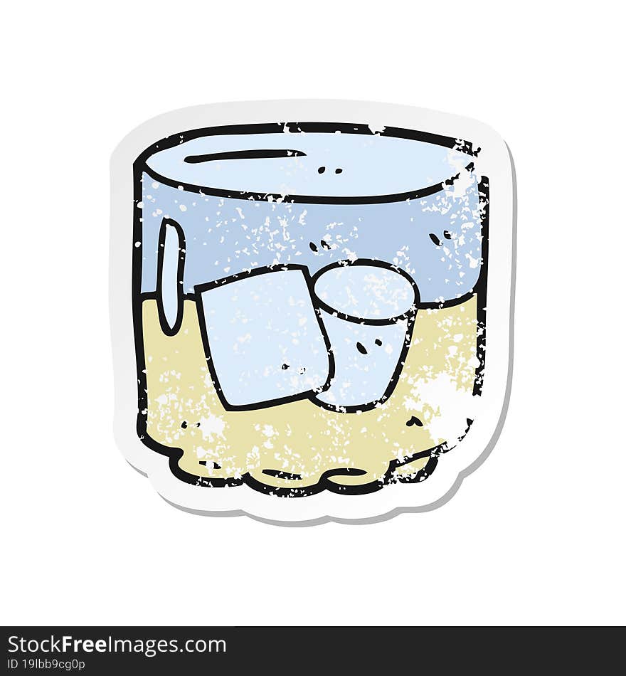 Retro Distressed Sticker Of A Cartoon Whiskey And Ice