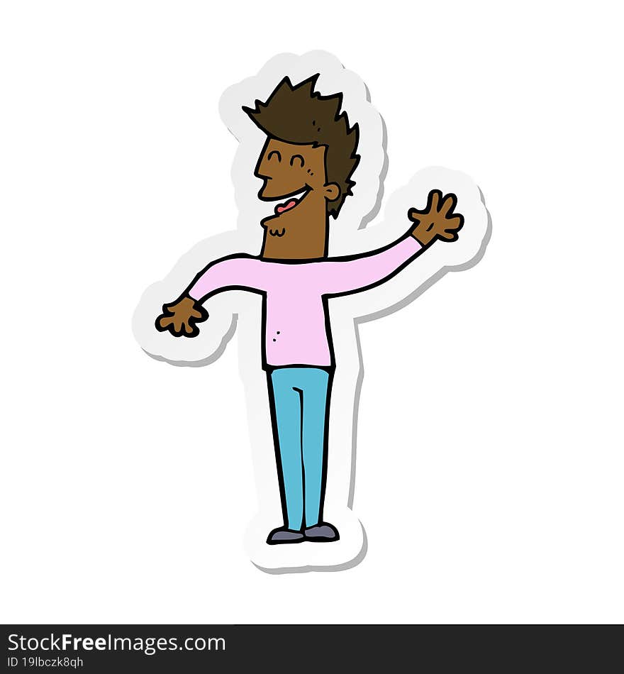 sticker of a cartoon happy man waving