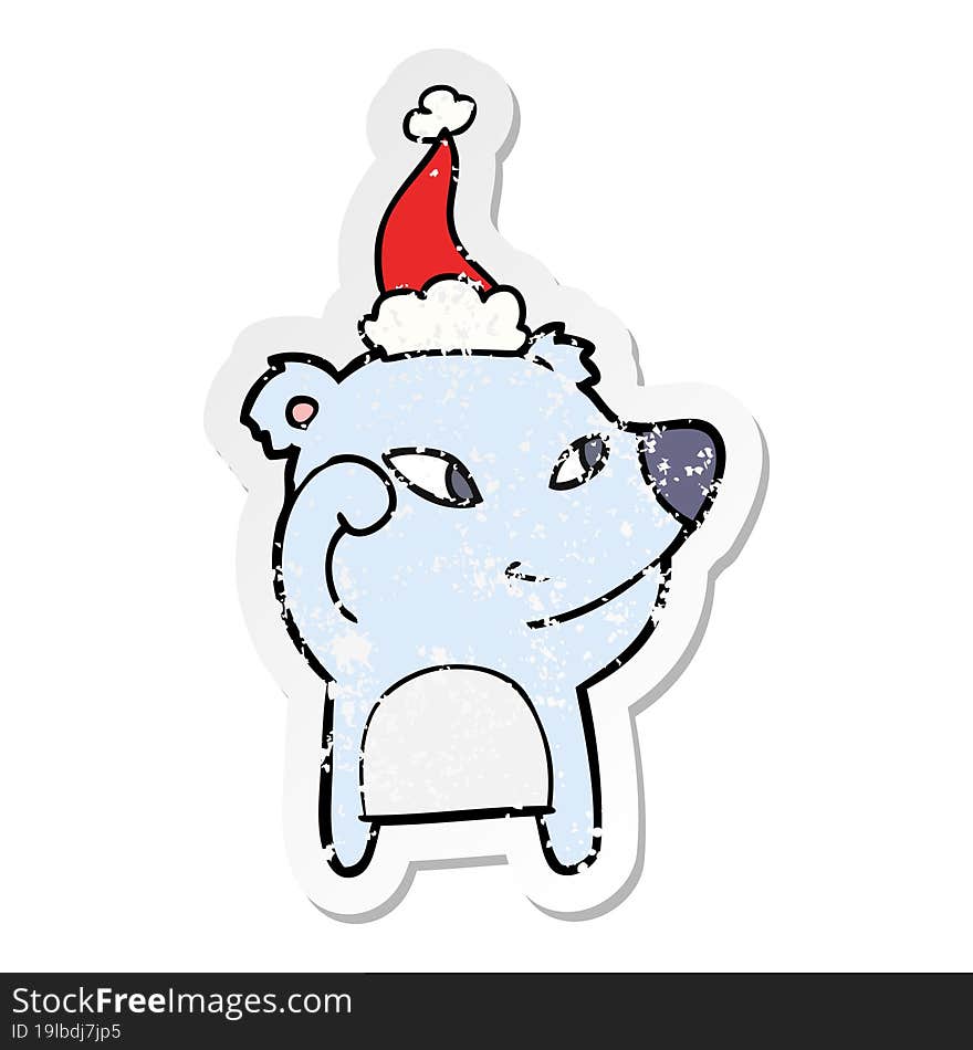 cute distressed sticker cartoon of a bear wearing santa hat