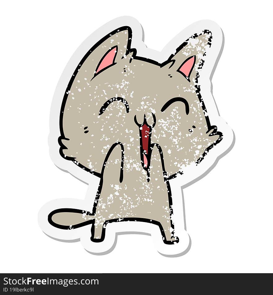 distressed sticker of a happy cartoon cat