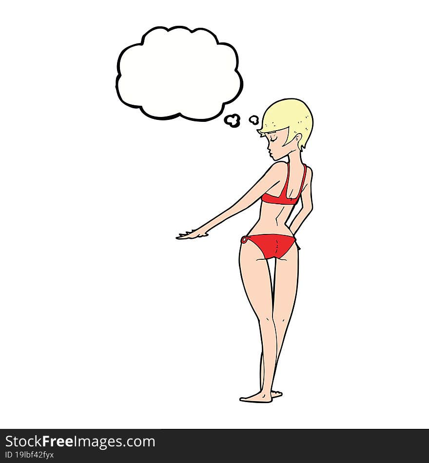 cartoon bikini woman with thought bubble