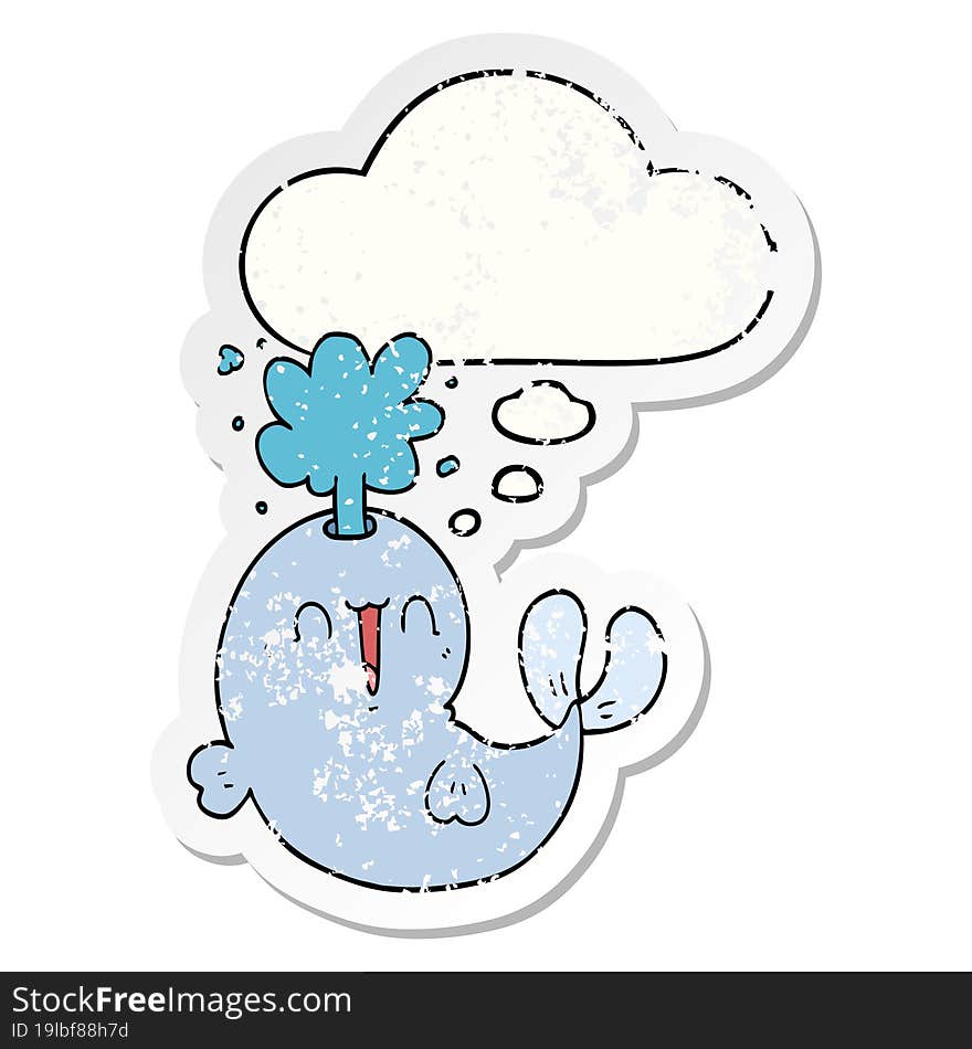 cartoon whale spouting water and thought bubble as a distressed worn sticker