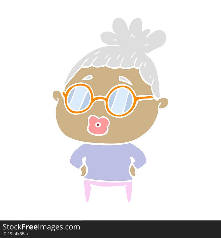 Flat Color Style Cartoon Librarian Woman Wearing Spectacles