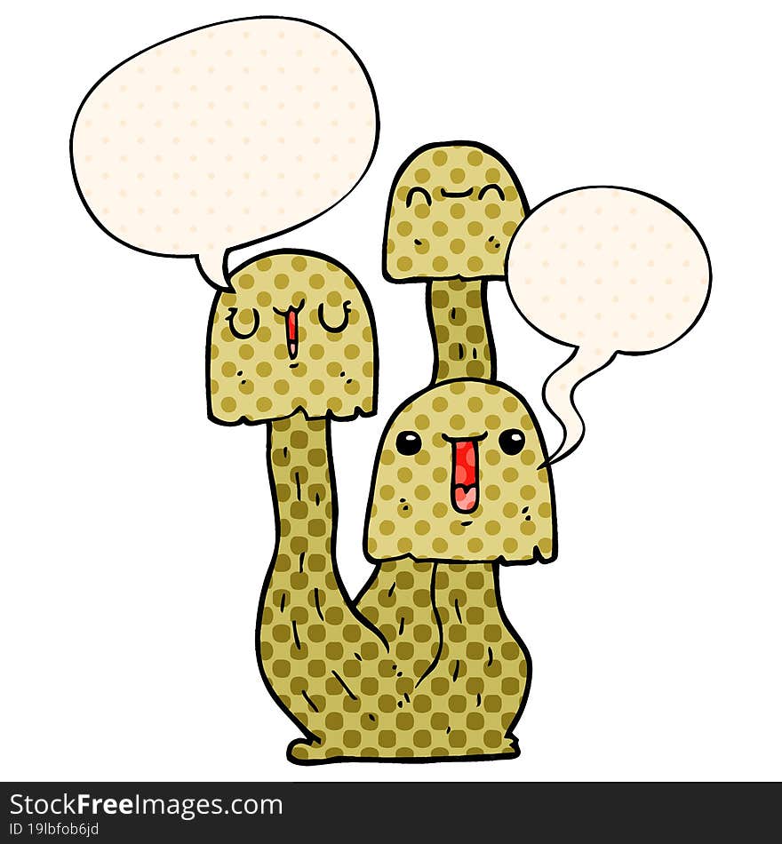 cartoon mushroom and speech bubble in comic book style