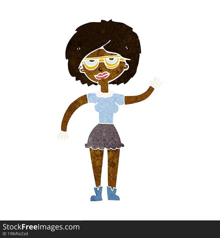 cartoon waving woman wearing spectacles