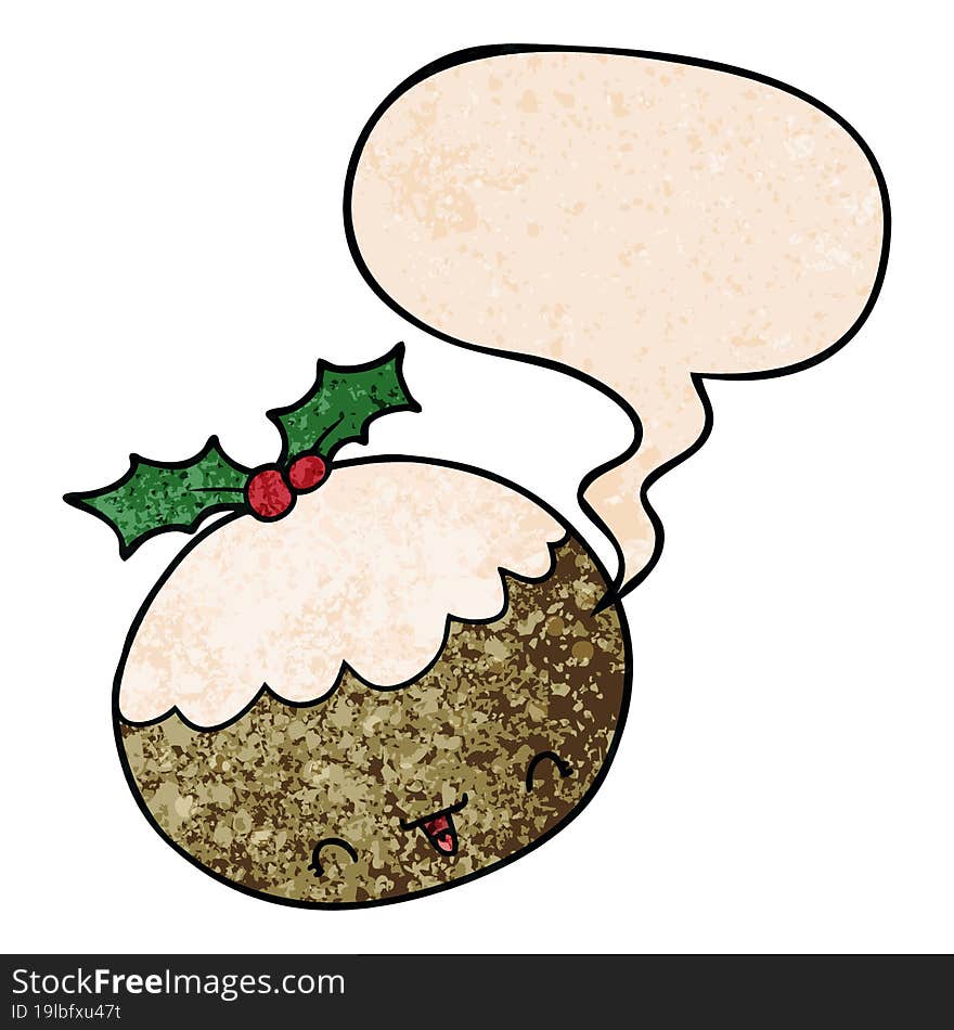 cute cartoon christmas pudding and speech bubble in retro texture style