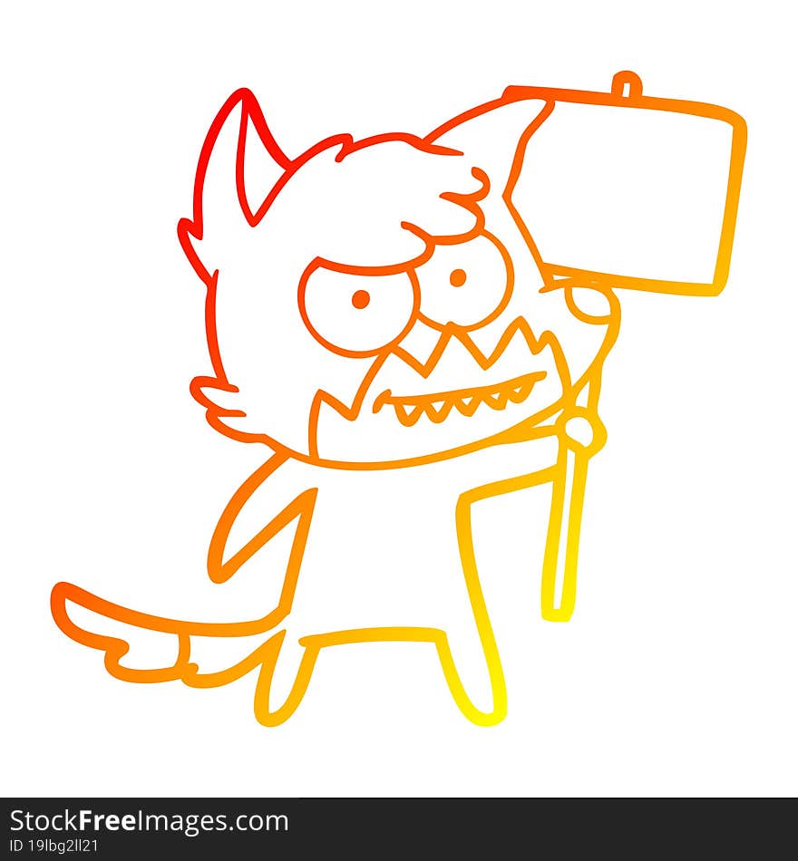 warm gradient line drawing of a cartoon grinning fox with protest sign