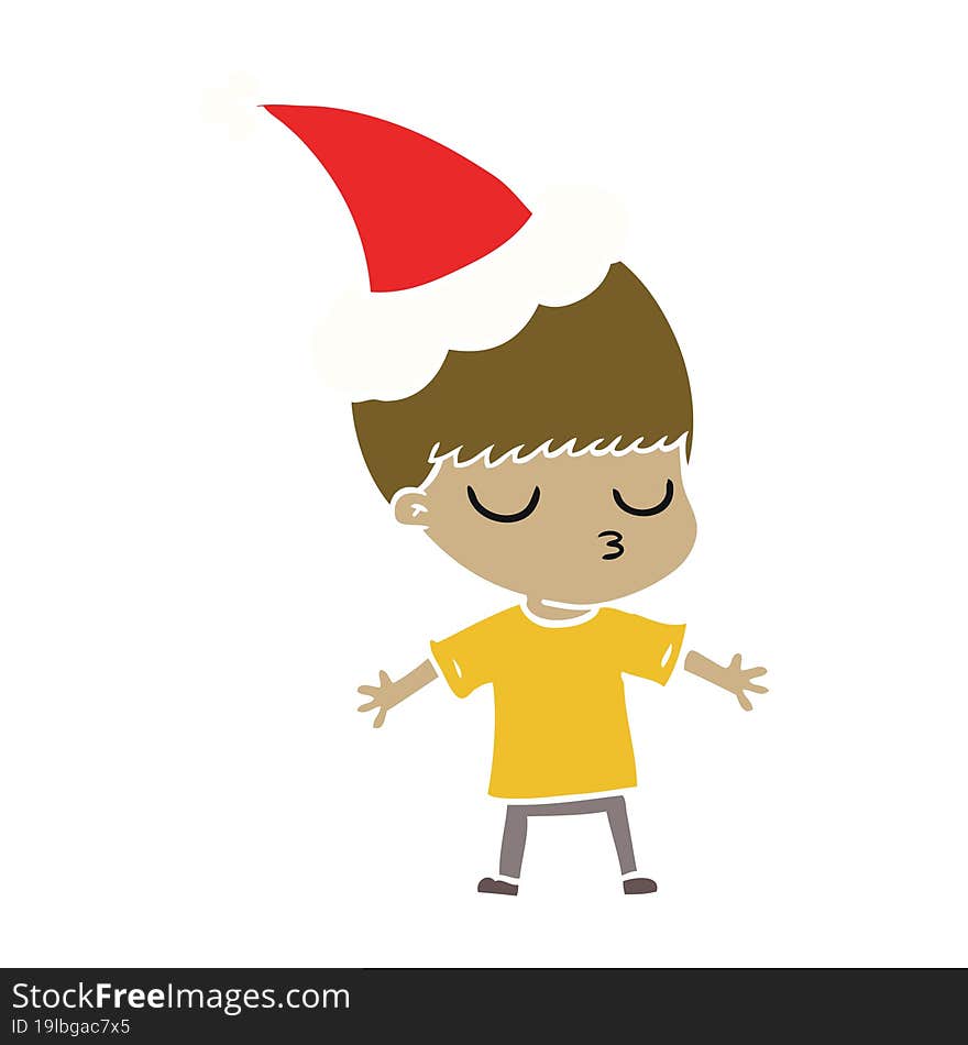 flat color illustration of a calm boy wearing santa hat