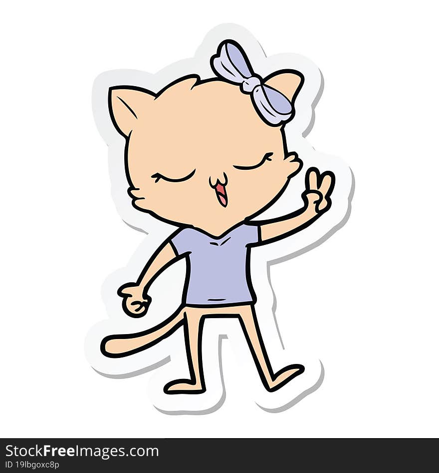 Sticker Of A Cartoon Cat With Bow On Head Giving Peace Sign