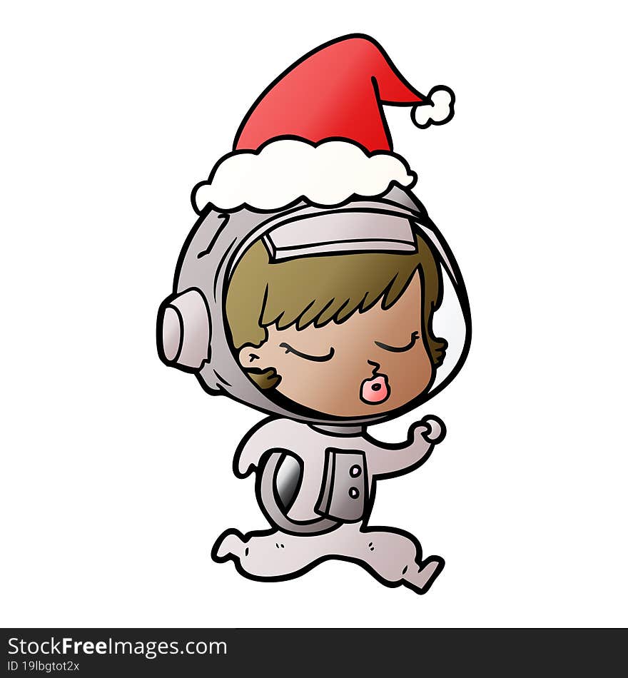 Gradient Cartoon Of A Pretty Astronaut Girl Running Wearing Santa Hat