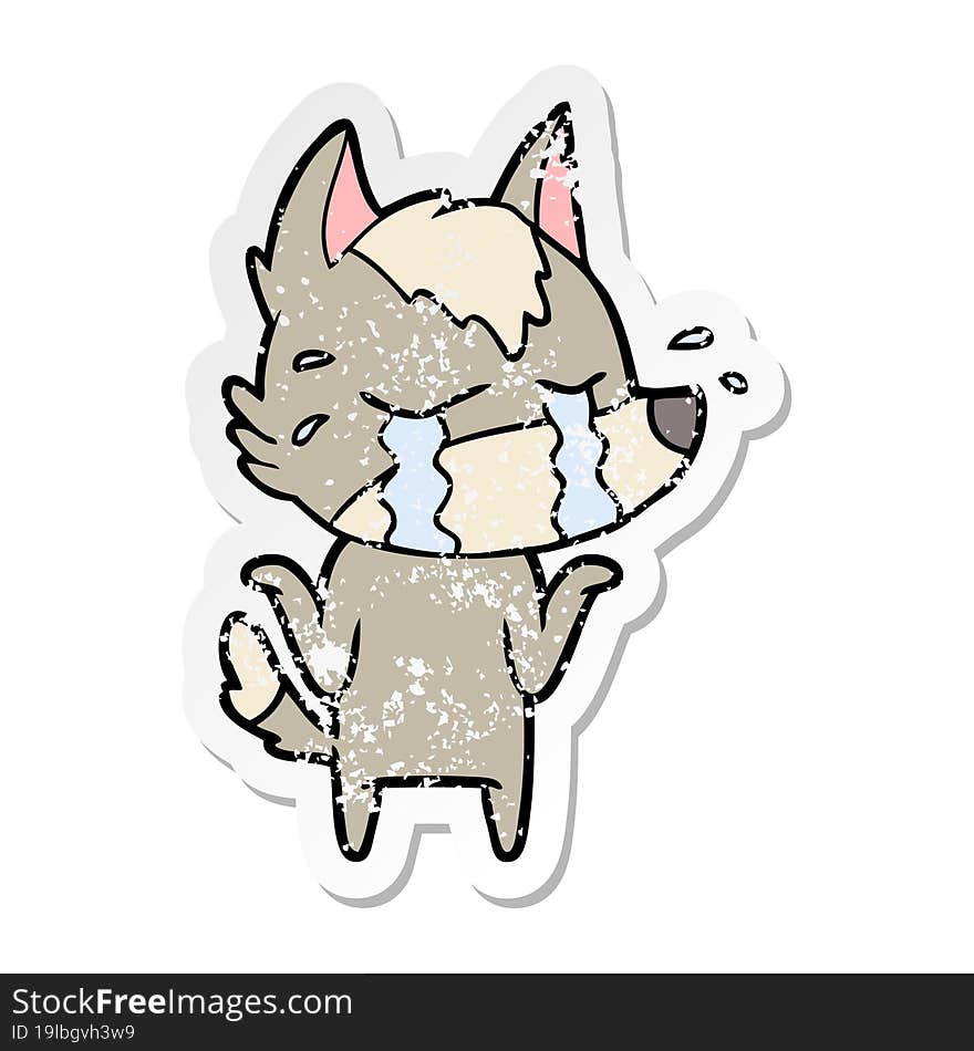 distressed sticker of a cartoon crying wolf