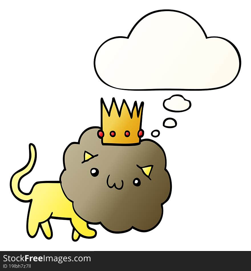 cartoon lion with crown and thought bubble in smooth gradient style