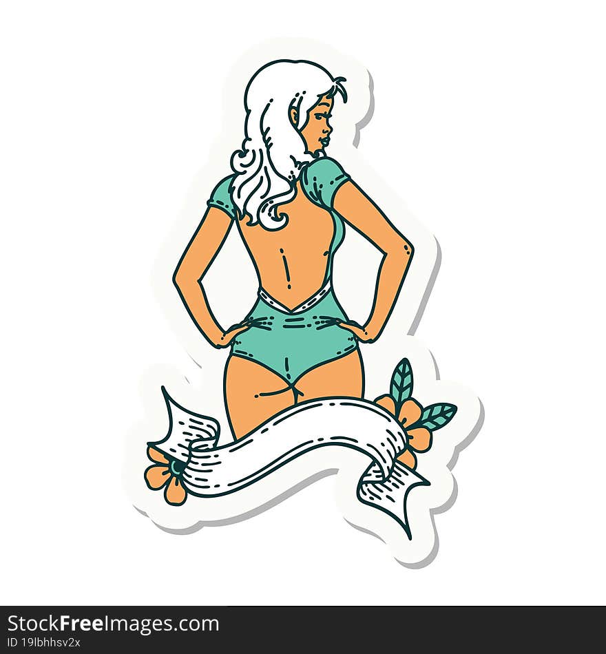 tattoo sticker of a pinup swimsuit girl with banner