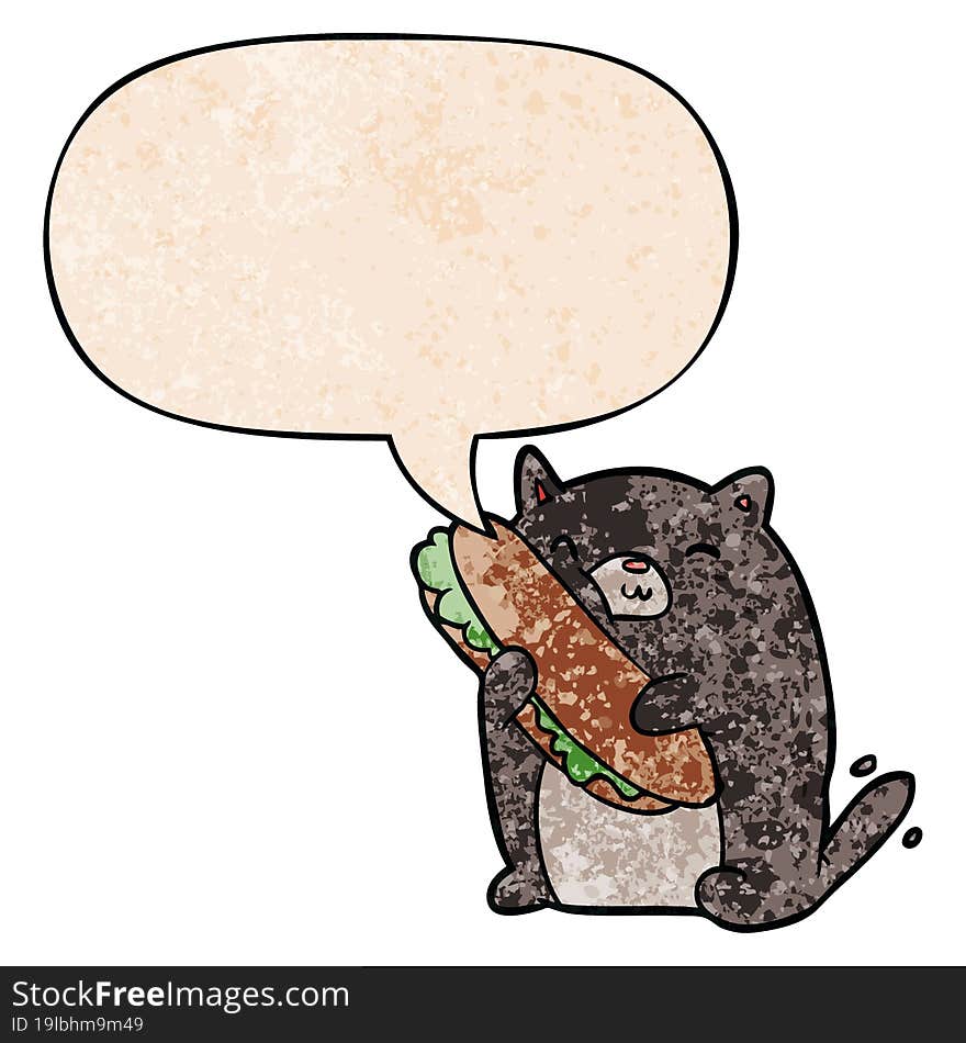 cartoon cat loving the amazing sandwich he s just made for lunch and speech bubble in retro texture style