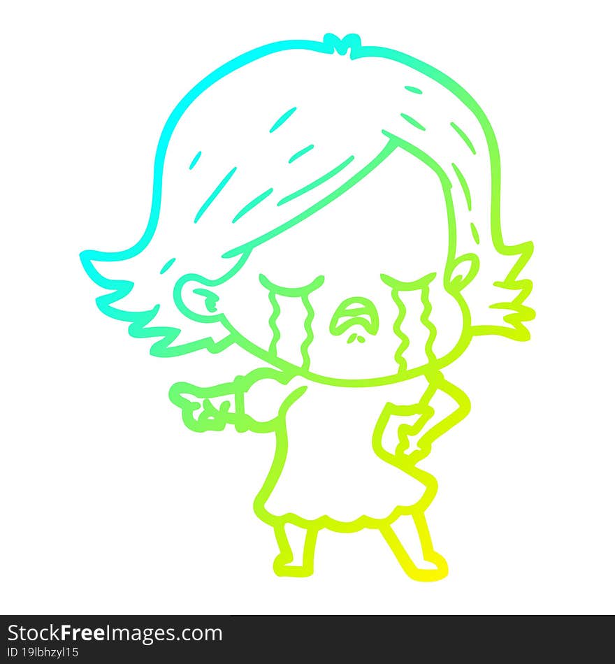 cold gradient line drawing cartoon girl crying and pointing