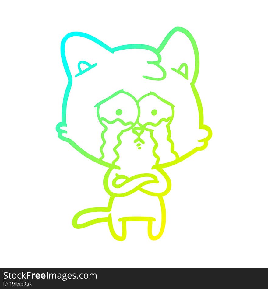 Cold Gradient Line Drawing Cartoon Crying Cat