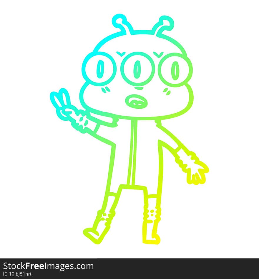 cold gradient line drawing cartoon three eyed alien waving