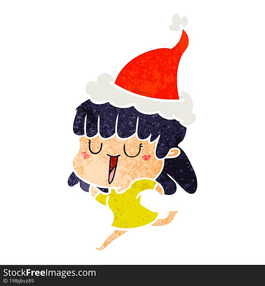 hand drawn retro cartoon of a woman wearing santa hat