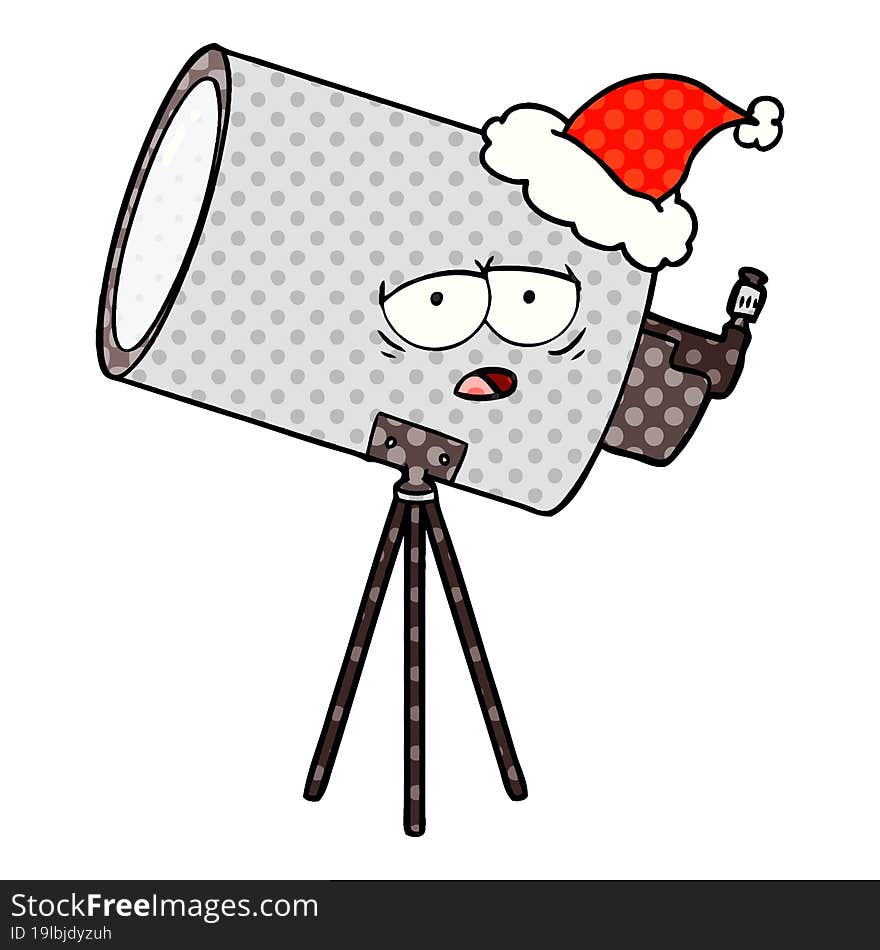 Comic Book Style Illustration Of A Bored Telescope With Face Wearing Santa Hat