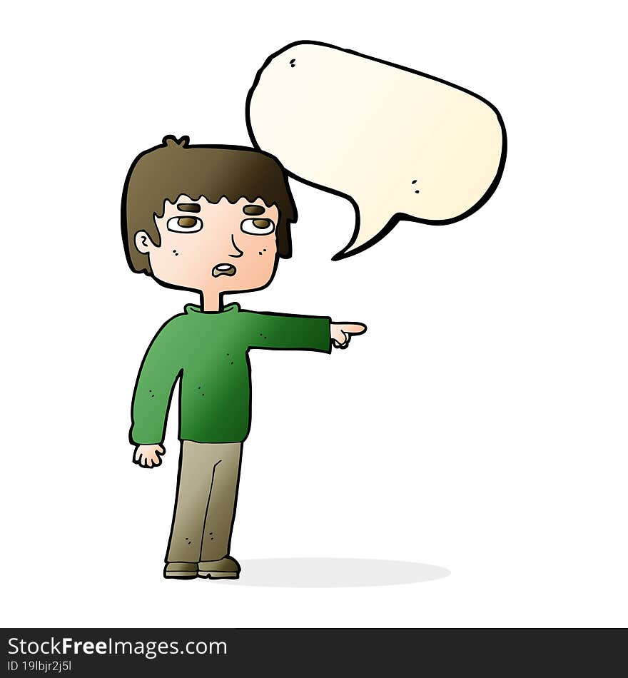 cartoon boy pointing with speech bubble