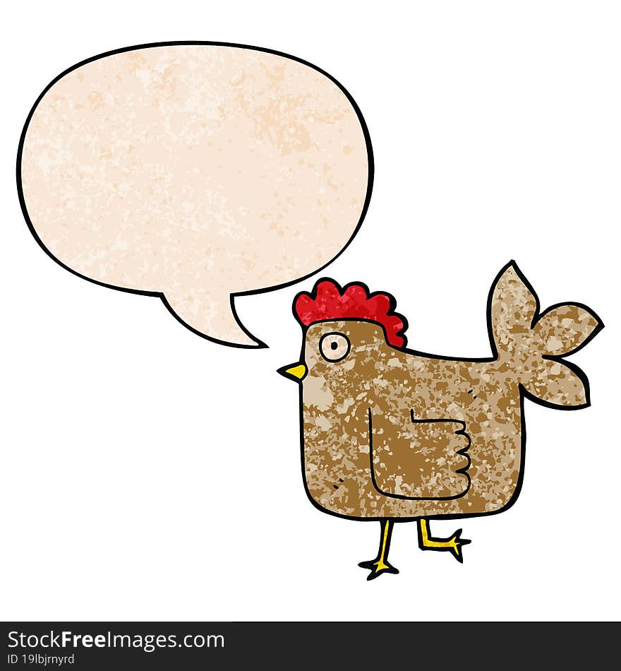 cartoon chicken and speech bubble in retro texture style