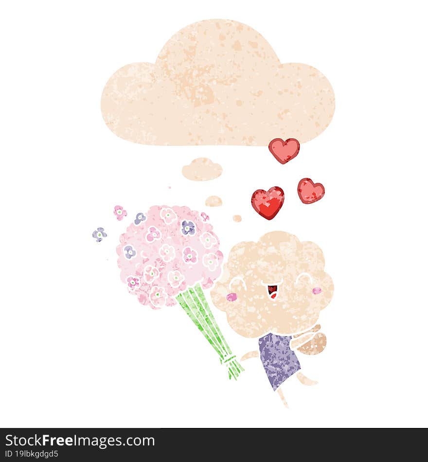 cute cartoon cloud head creature and thought bubble in retro textured style