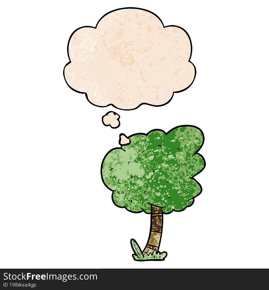 cartoon tree and thought bubble in grunge texture pattern style