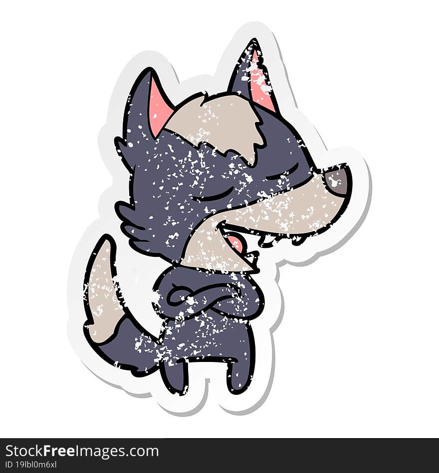 Distressed Sticker Of A Cartoon Wolf Laughing