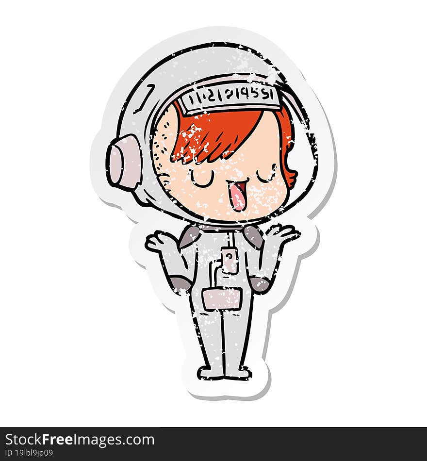 distressed sticker of a cartoon astronaut woman