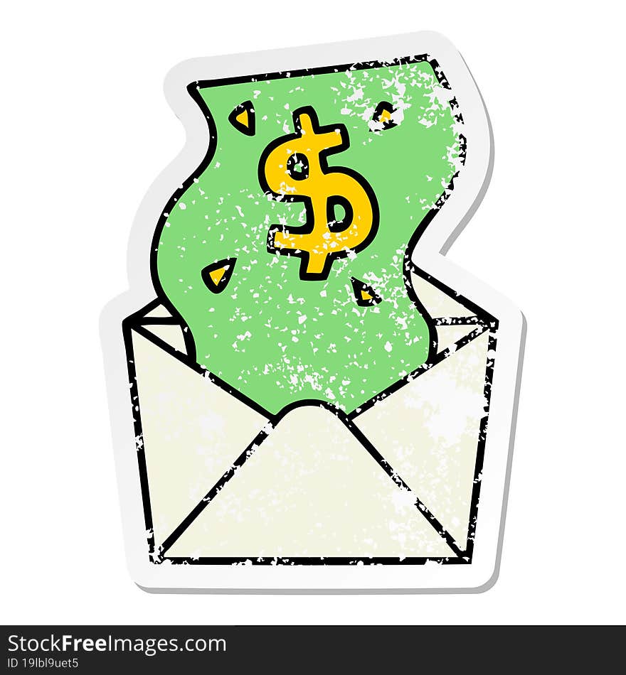 Distressed Sticker Of A Quirky Hand Drawn Cartoon Dollar In Envelope