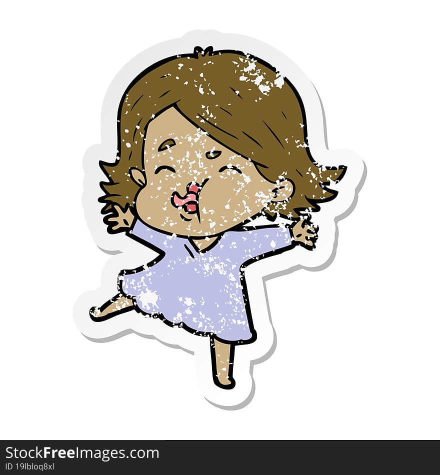 Distressed Sticker Of A Cartoon Girl Pulling Face