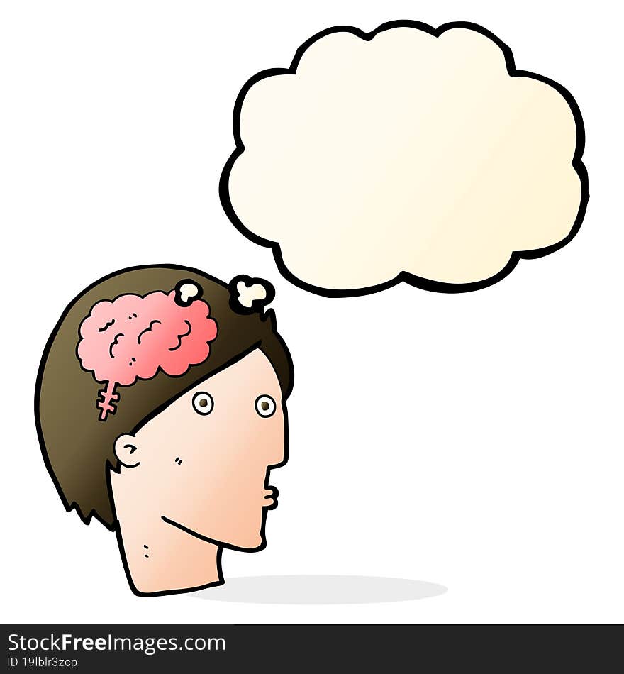 cartoon man with brain symbol with thought bubble