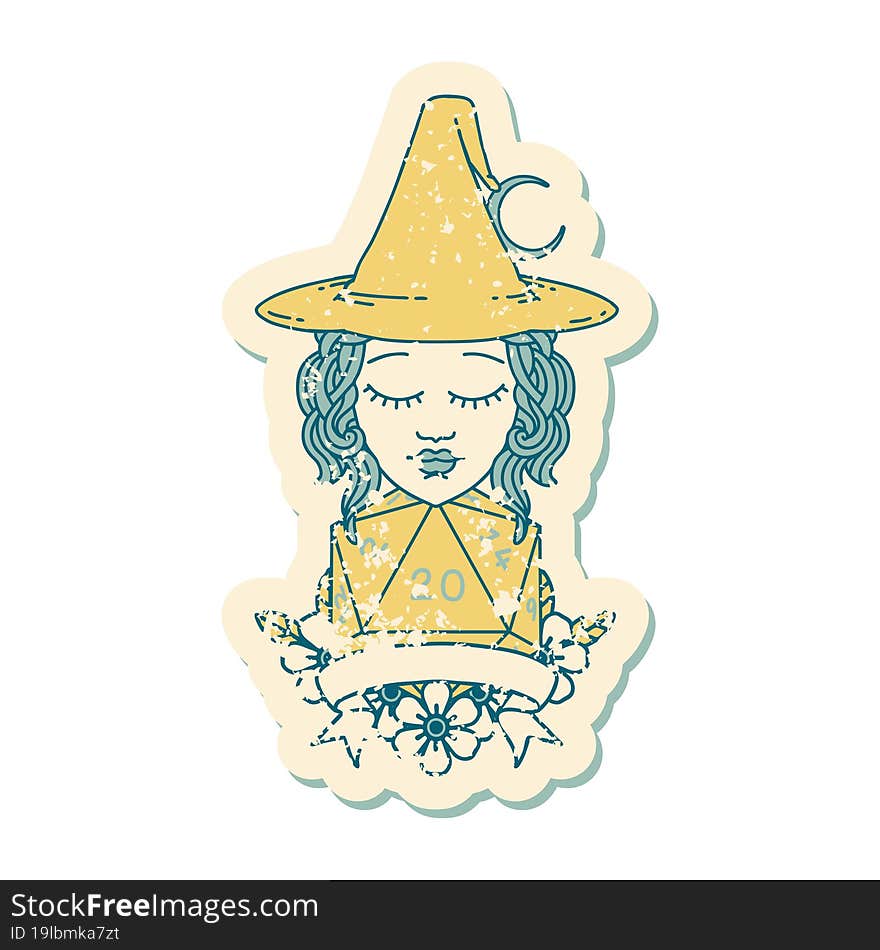 Retro Tattoo Style human witch with natural twenty dice roll. Retro Tattoo Style human witch with natural twenty dice roll