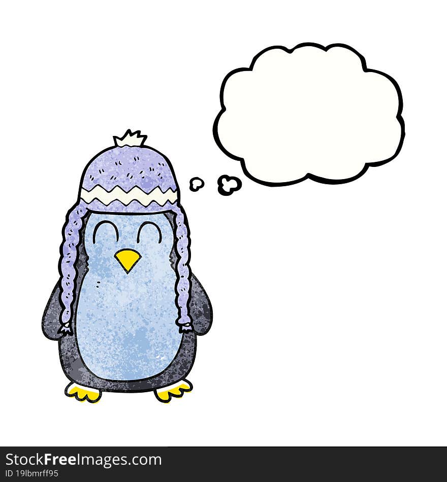 thought bubble textured cartoon penguin wearing hat