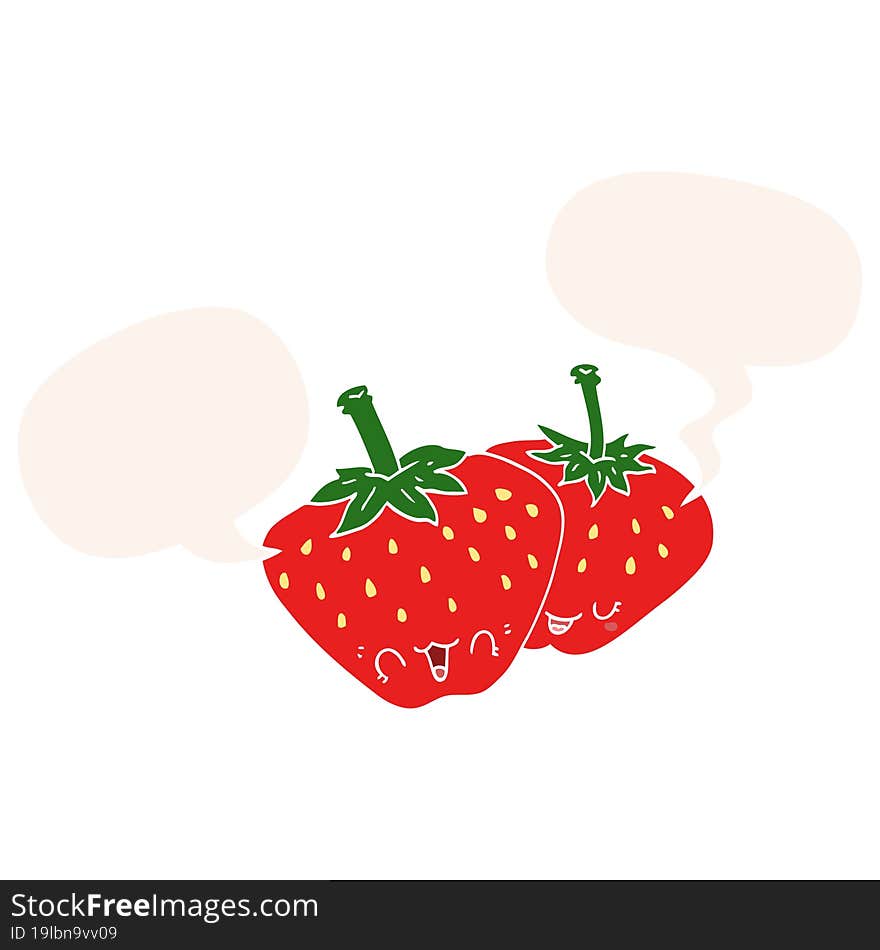 cartoon strawberries with speech bubble in retro style