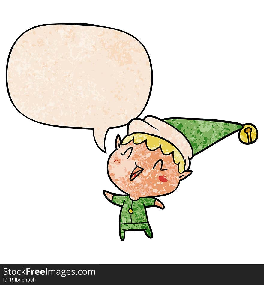 cartoon happy christmas elf and speech bubble in retro texture style