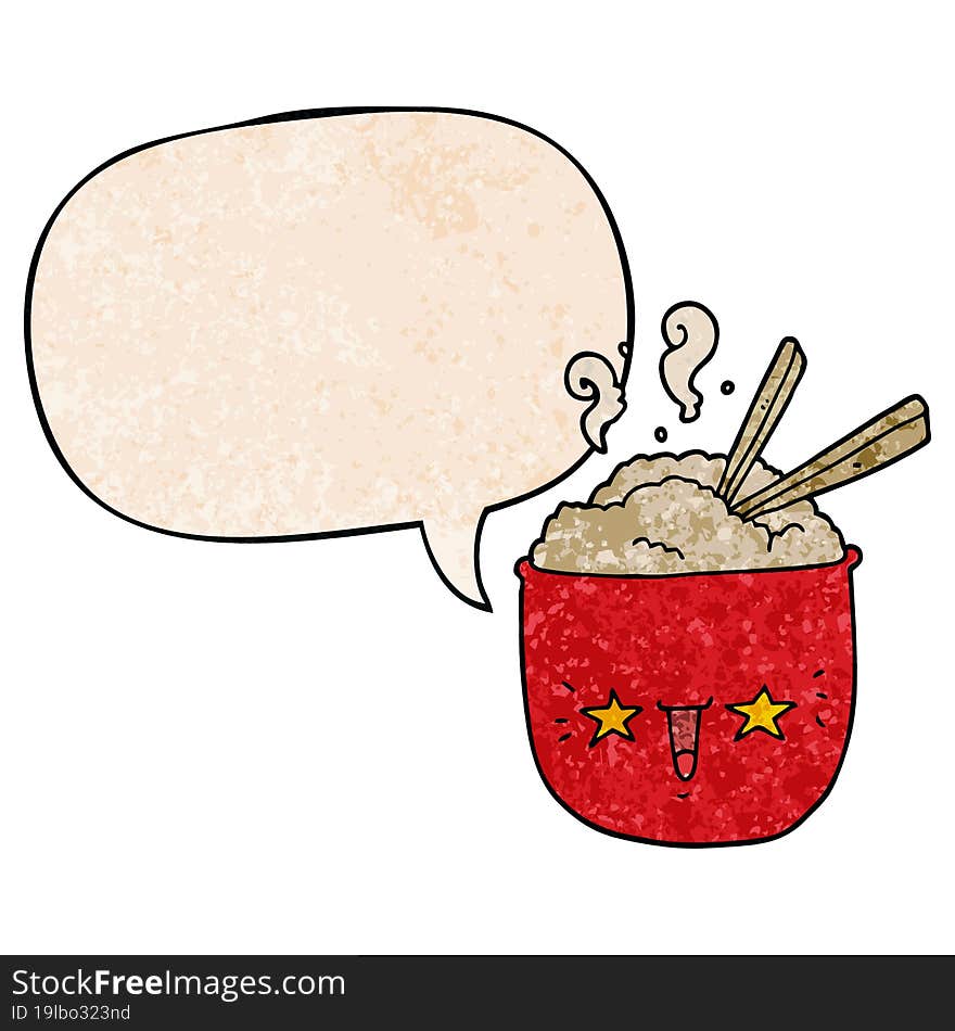 Cartoon Rice Bowl And Face And Speech Bubble In Retro Texture Style