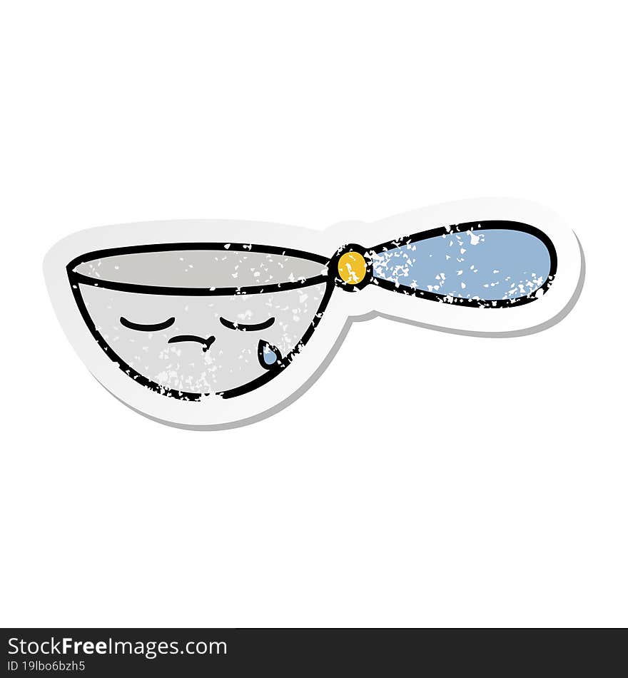 distressed sticker of a cute cartoon measuring spoon