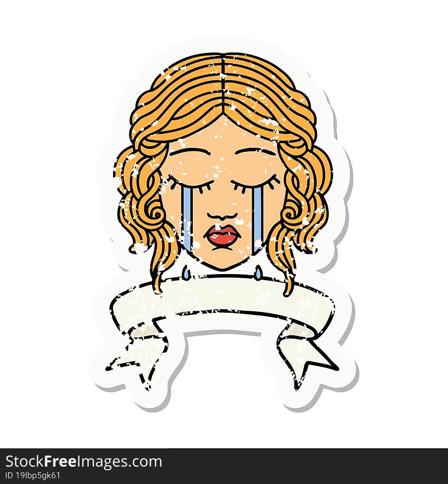 grunge sticker with banner of female face crying