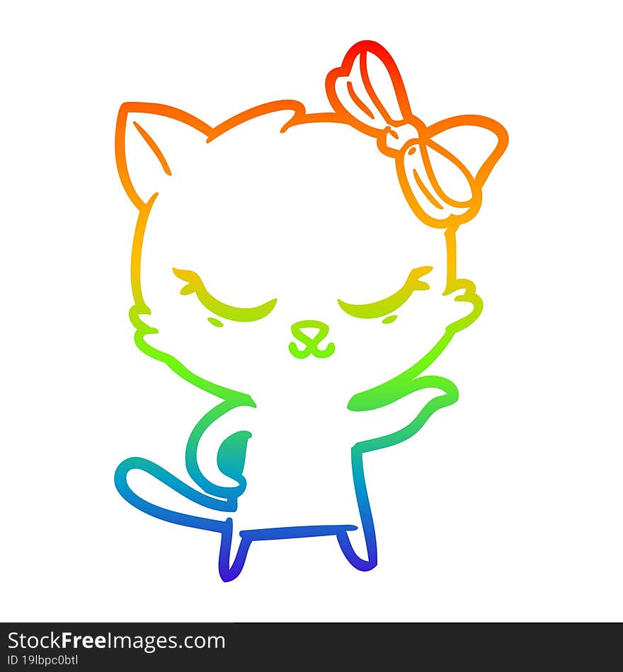 rainbow gradient line drawing cute cartoon cat with bow