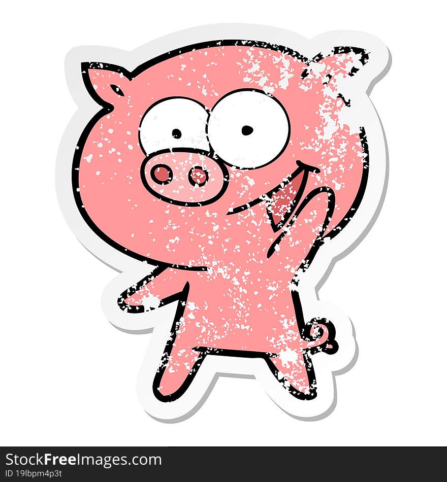 distressed sticker of a cheerful pig cartoon