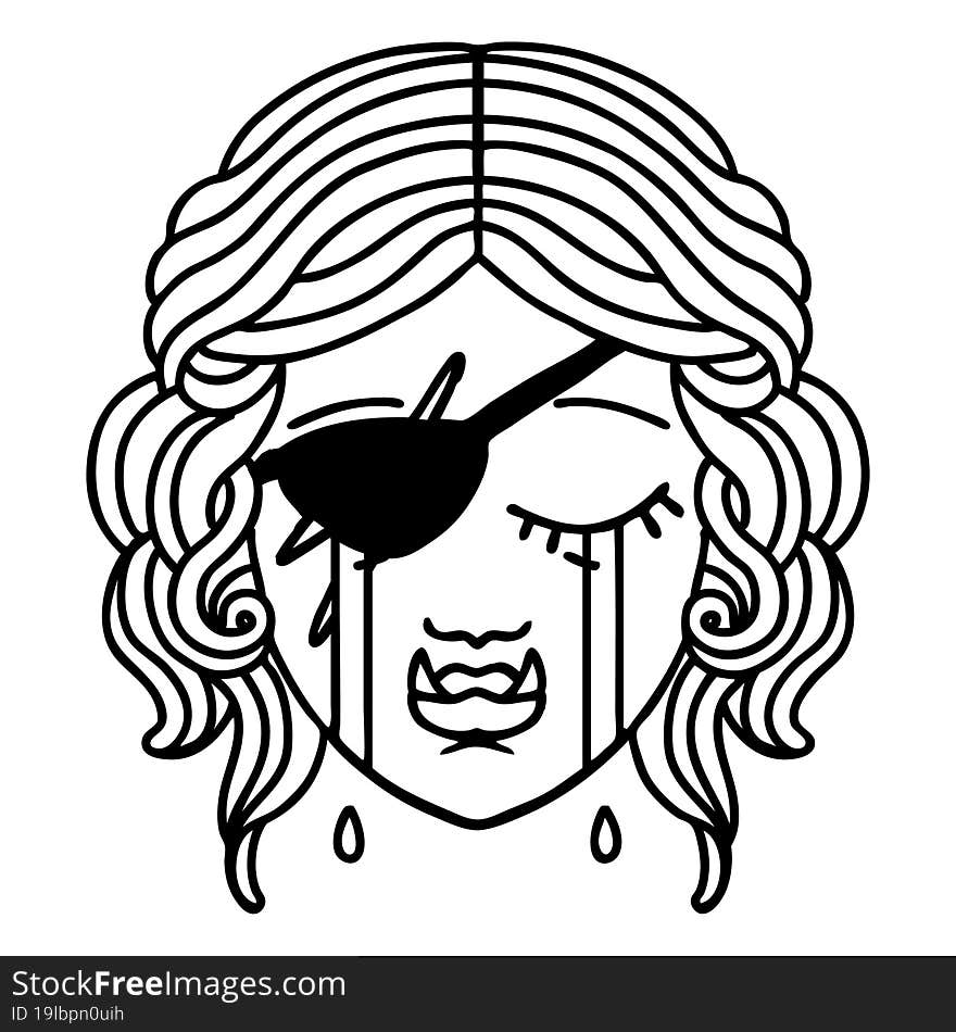 Black and White Tattoo linework Style crying half orc rogue character face. Black and White Tattoo linework Style crying half orc rogue character face