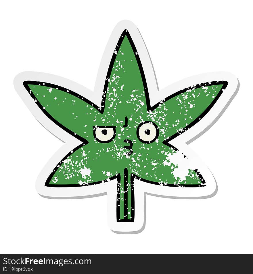 Distressed Sticker Of A Cute Cartoon Marijuana Leaf