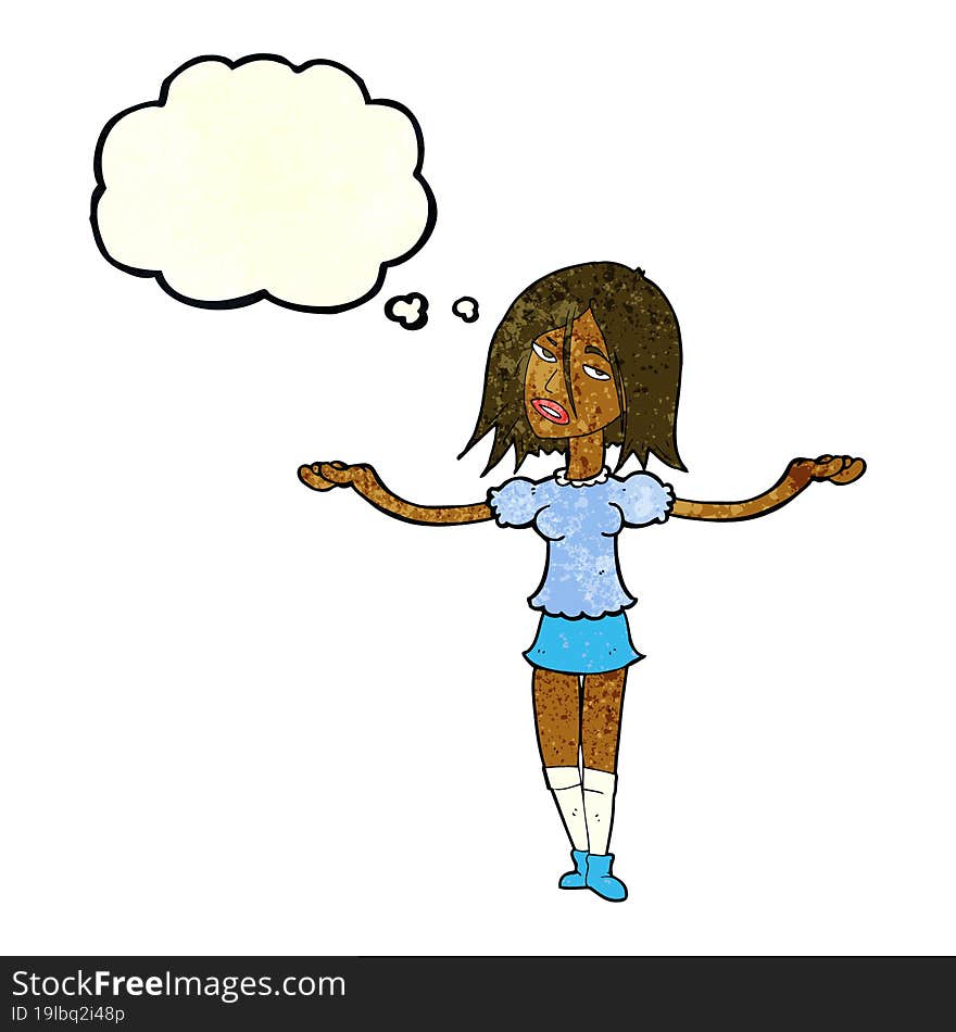 cartoon woman shrugging shoulders with thought bubble