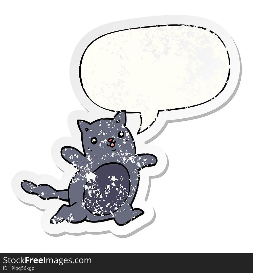 cartoon cat with speech bubble distressed distressed old sticker. cartoon cat with speech bubble distressed distressed old sticker