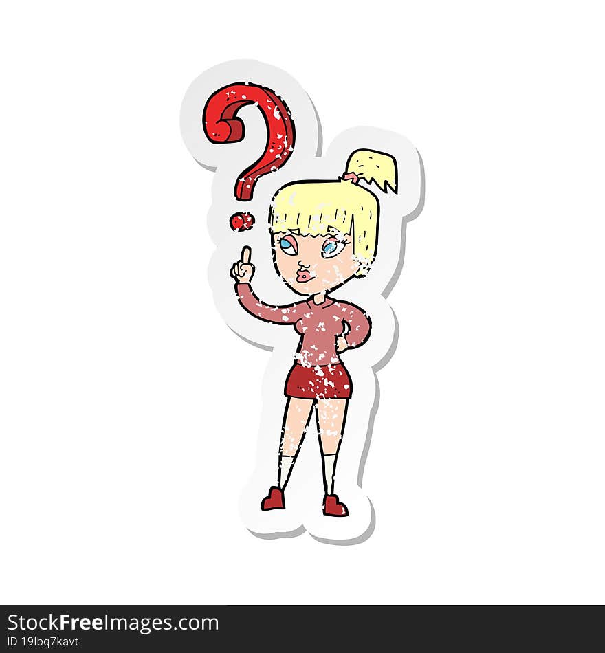 Retro Distressed Sticker Of A Cartoon Woman With Question