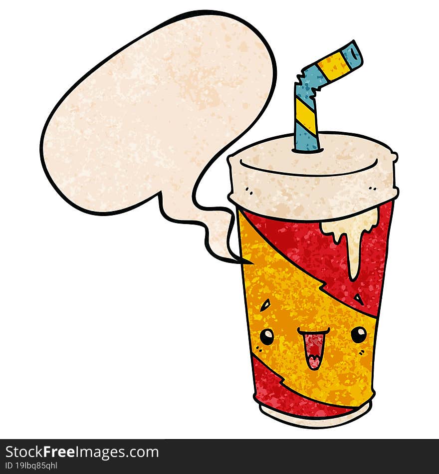 cartoon soda cup and speech bubble in retro texture style