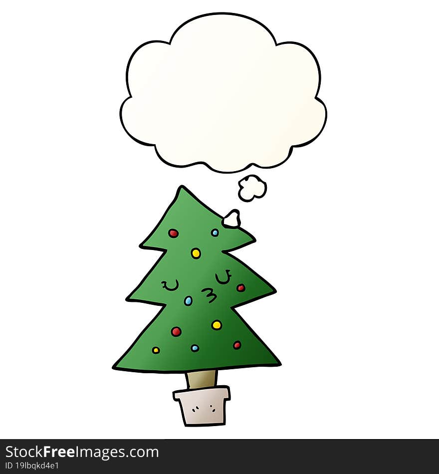 cartoon christmas tree with thought bubble in smooth gradient style