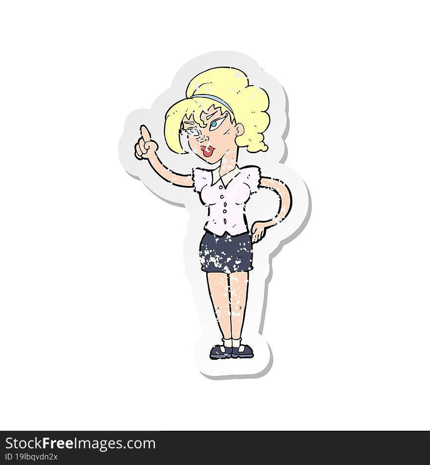 retro distressed sticker of a cartoon woman with idea